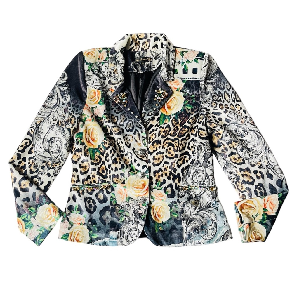 Jane & John Velour Jacket Mixed Media Art To Wear Leopard Floral  Jewels Size S